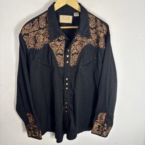 Scully Western Shirt Men’s XL Black Bronze Embroidered Pearl Snaps Long Sleeve
